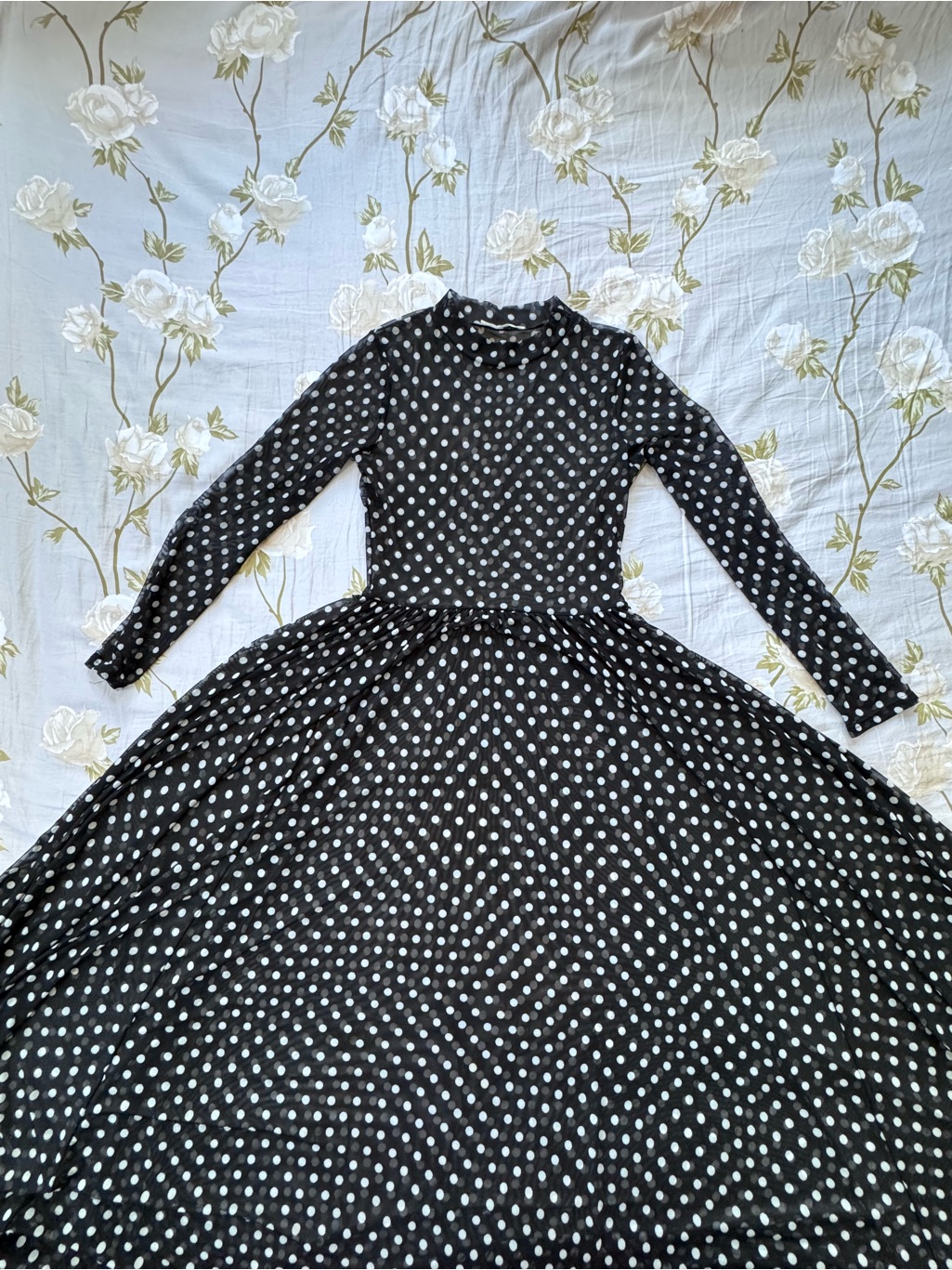 Alora Eden Black Polka Dot Sheer Mesh Long Sleeve Maxi Dress In Size Small — image 3 of 7